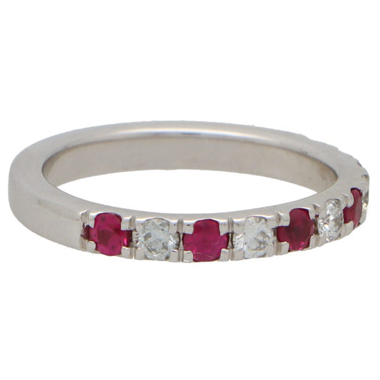 Ruby and Diamond Half Eternity Band Ring in 18ct White Gold