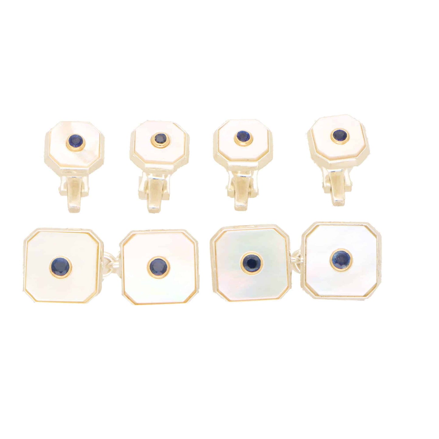 A set of octagonal mother of pearl and sapphire cufflinks and shirt studs