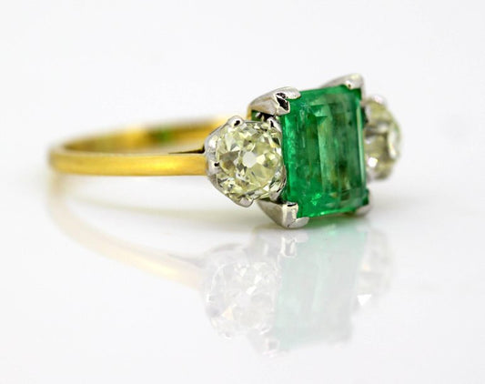 Antique Art Deco Emerald and Diamond Three Stone Ring
