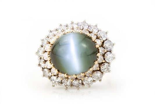 Natural Cat's Eye Chrysoberyl and Diamond Cluster Ring, 18ct Gold, 11.00ct Total