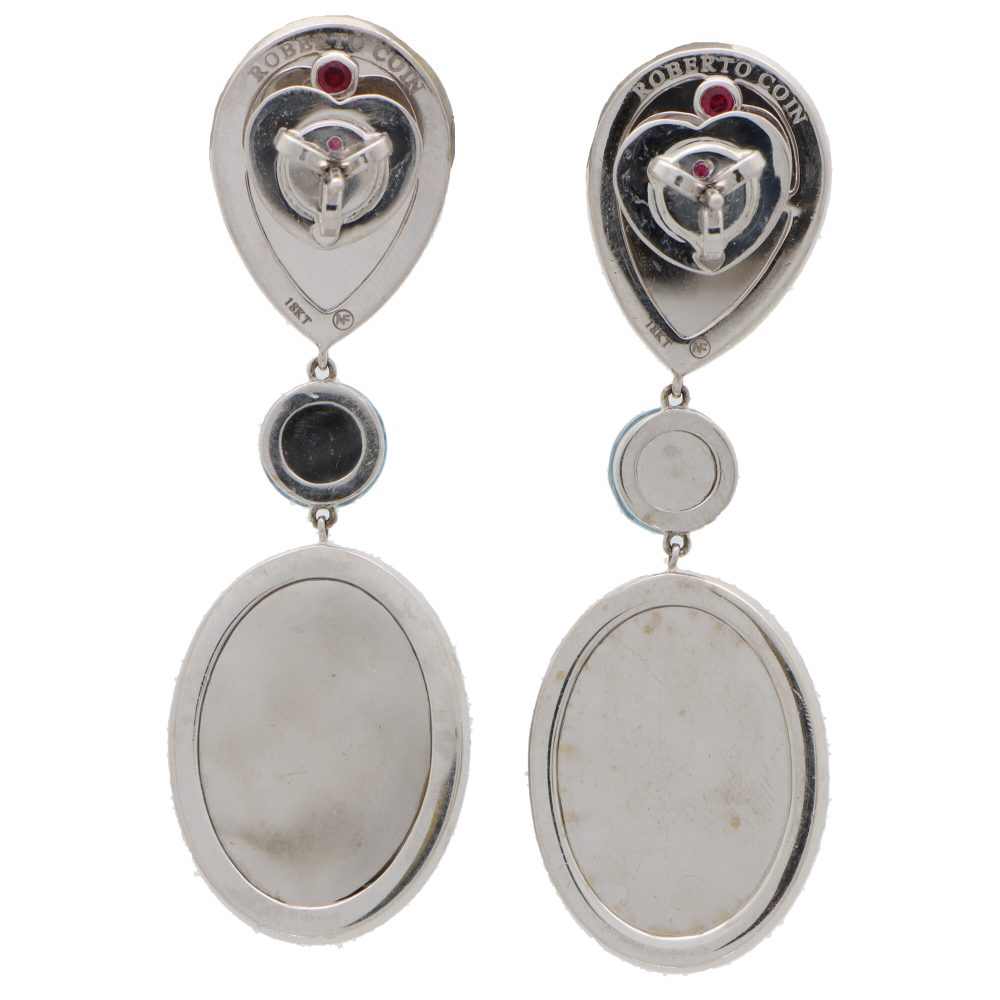 Vintage Roberto Coin blue topaz and diamond drop earrings in white gold.