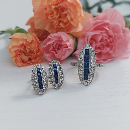 Vintage Sapphire and Diamond Cluster Plaque Earrings