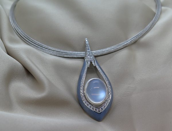 Modern 11.20ct Moonstone and Diamond Enamel Pendant