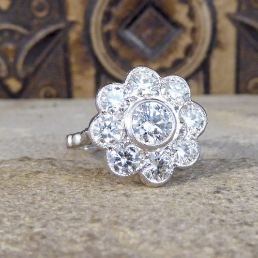Modern 2.10ct Diamond Daisy Cluster Platinum Ring