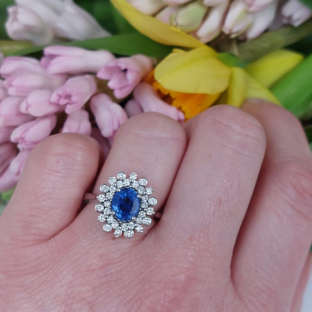 Modern 2ct Sapphire and Diamond Cluster Ring