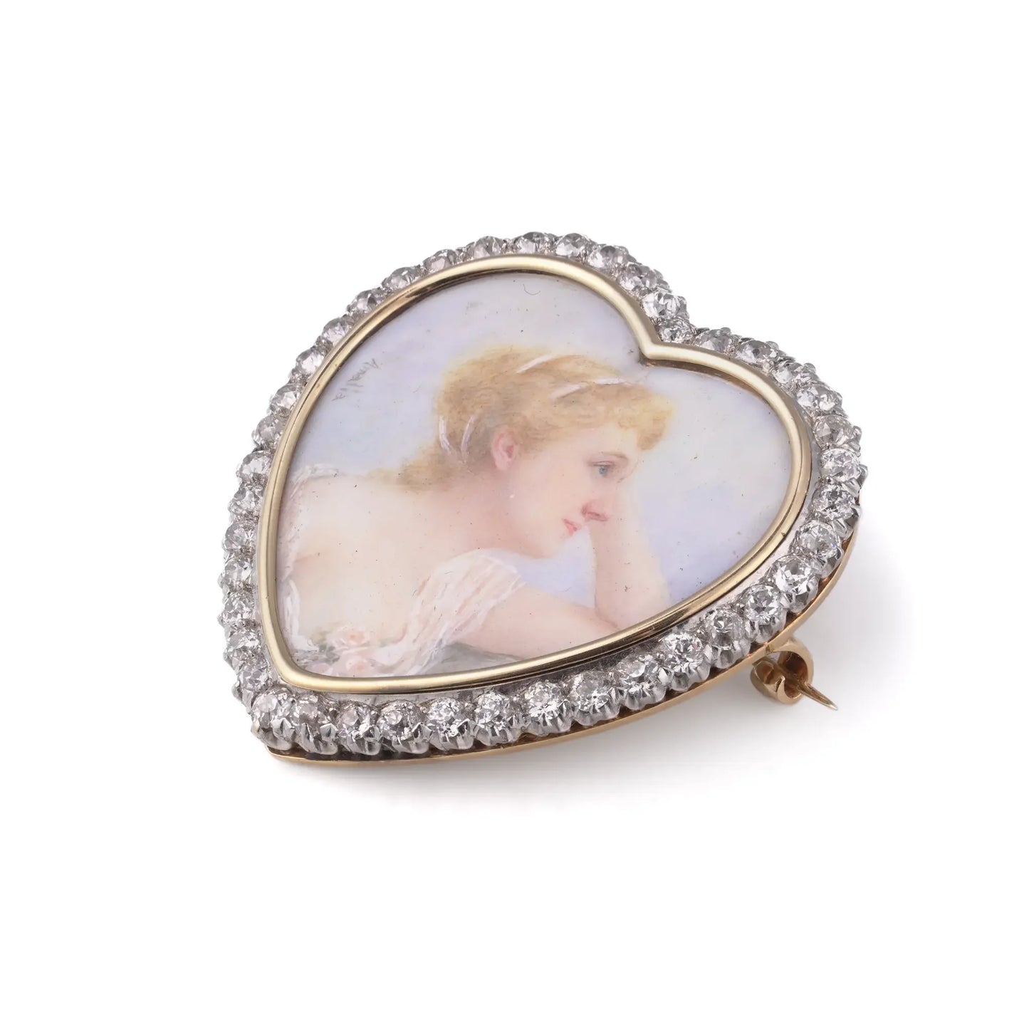 Edwardian Diamond Portrait Miniature Heart Pendant Brooch, 18 Carat Gold