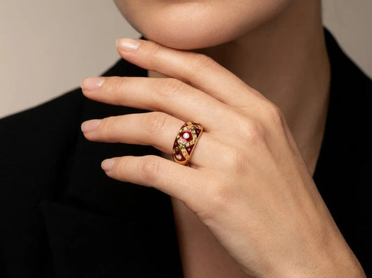 Faberge Limited Edition Diamond And Red Enamel Gold Ring With Box & Papers