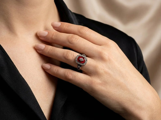 Victorian Rose Cut Diamond And Red Enamel Ring 9 Carat Gold Circa 1890