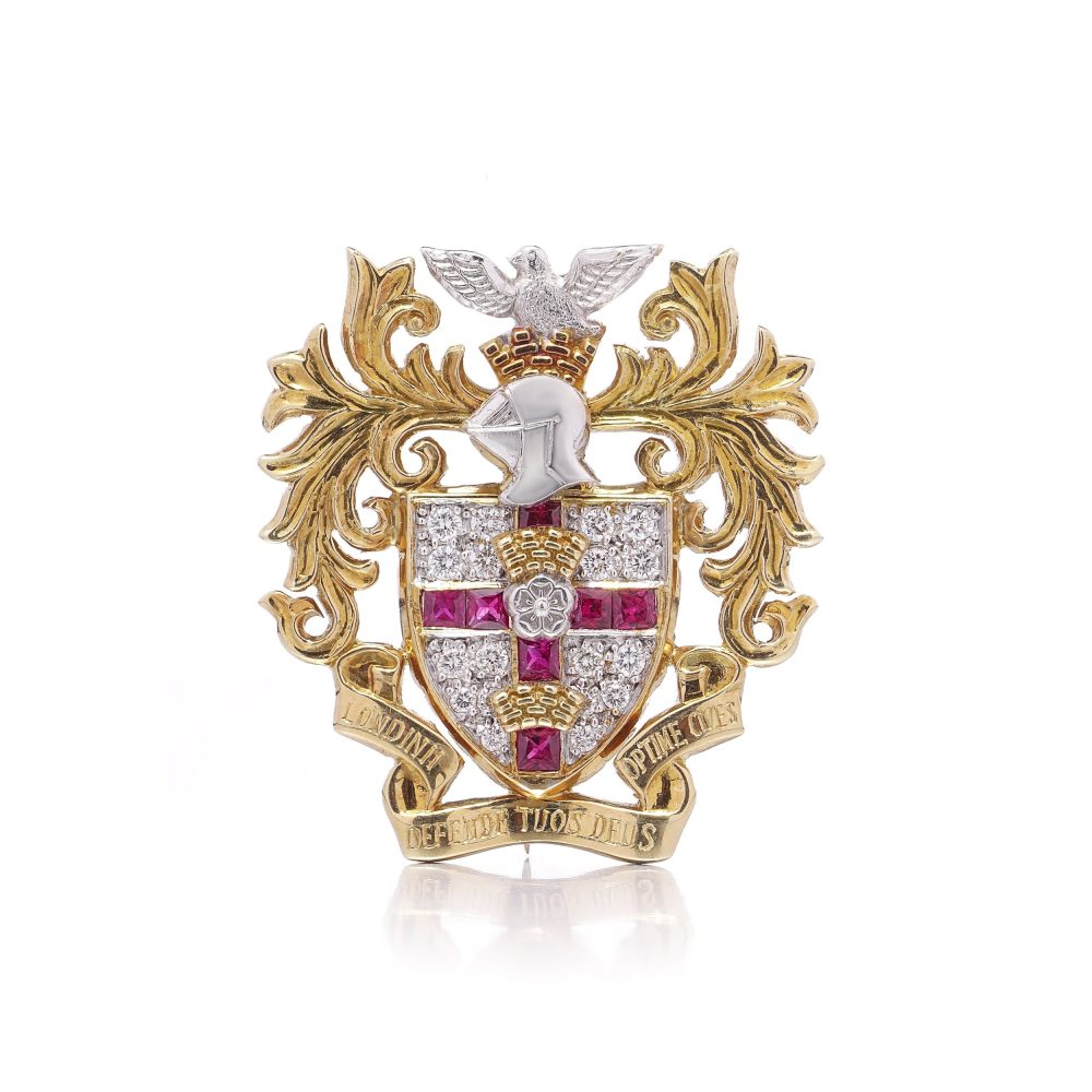 18 Carat Yellow Gold Heraldic Brooch With Diamonds And Rubies