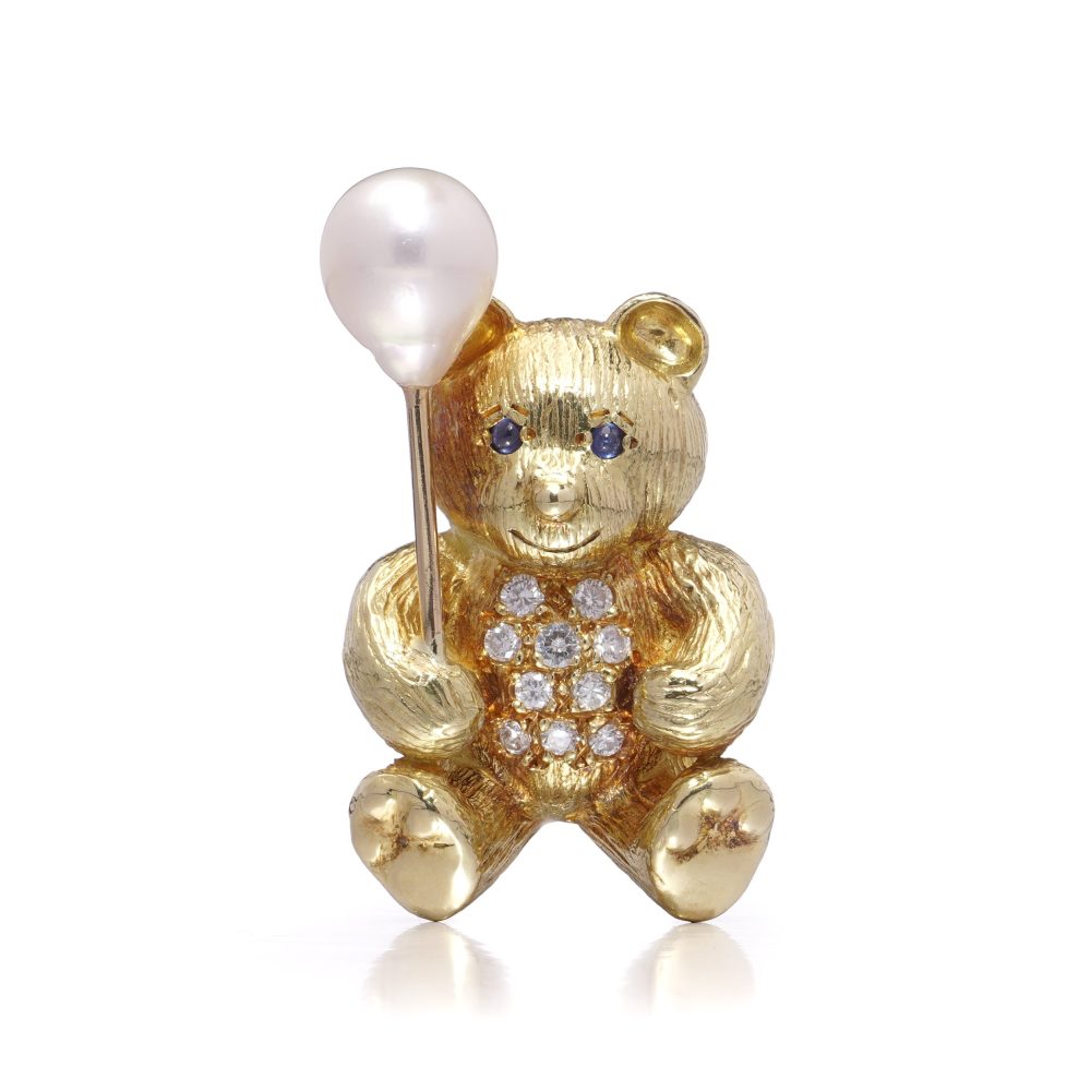 18 Carat Yellow Gold Bear Brooch With Pearl Balloon, Diamonds And Sapphires