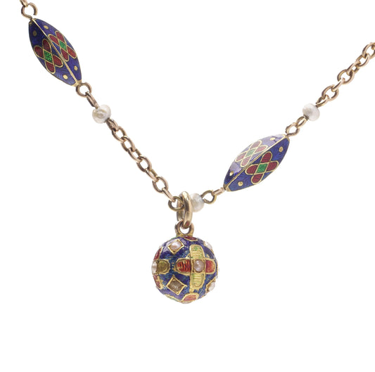 Victorian Antique Enamel and Pearl Bracelet with Orb Pendant in 15ct Gold