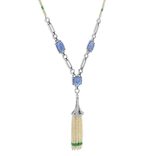 Carved Tanzanite and Pearl Tassel Drop Pendant Necklace with Diamond Emerald and Sapphire