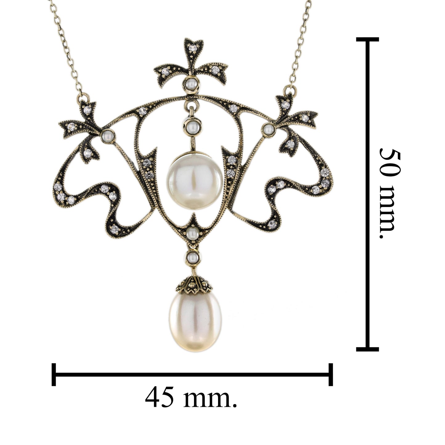 Edwardian Inspired Pearl and White Topaz Floral Pendant Necklace in 9ct Yellow Gold
