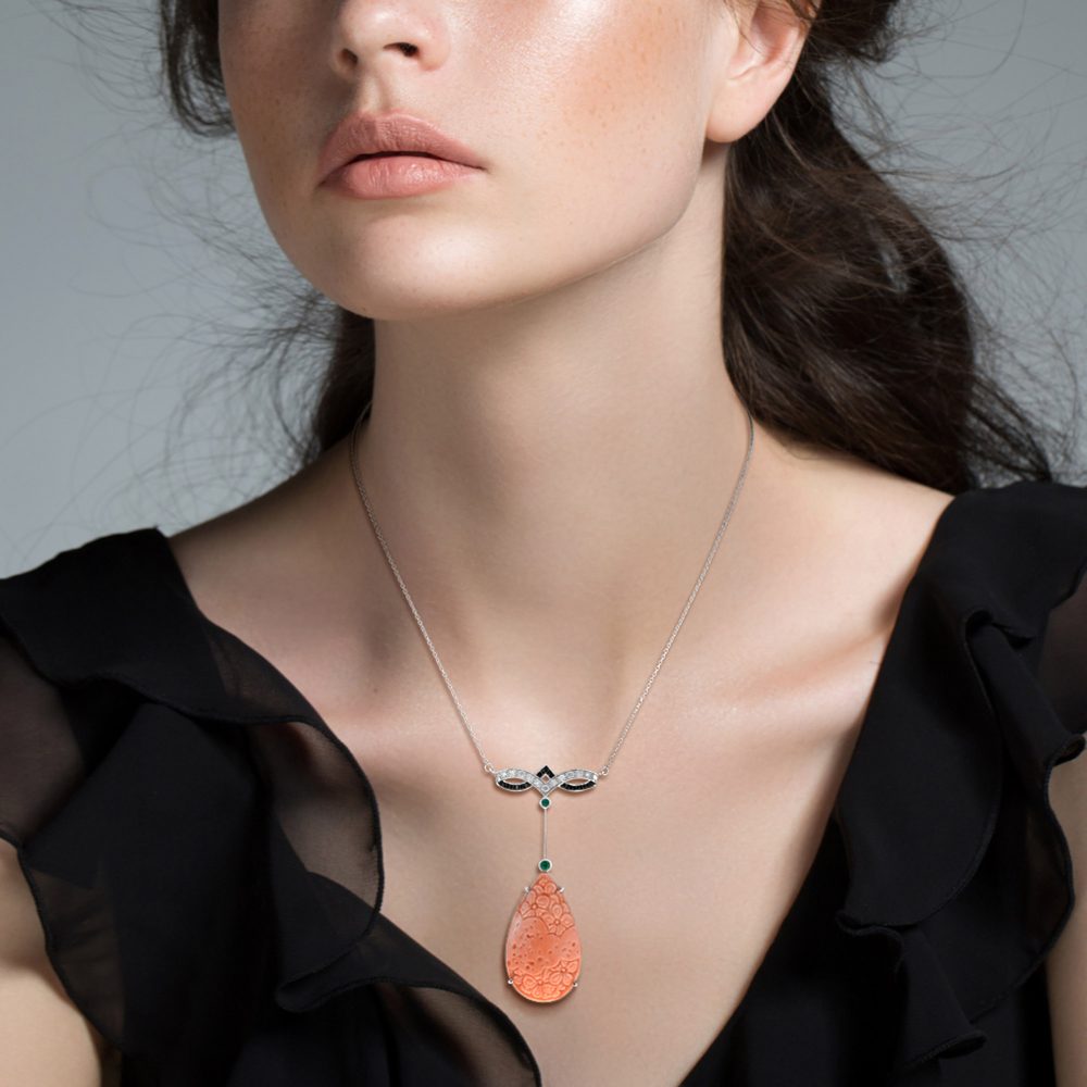 26.30ct Carved Pear Coral and Diamond Pendant Necklace with Emerald and Onyx