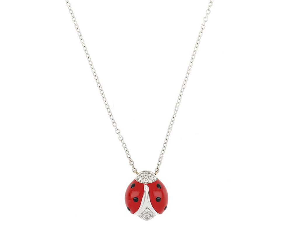 Diamond Set Enamel Ladybird Necklace, 18ct White Gold