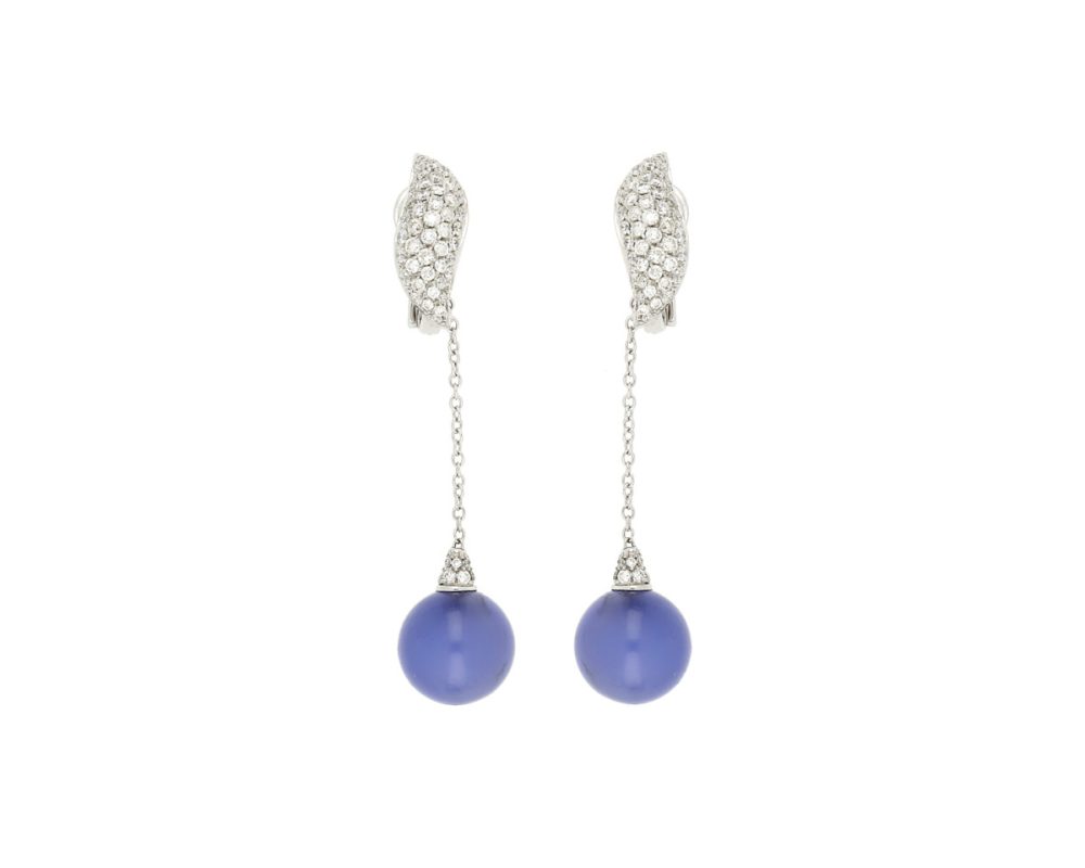 Fine Diamond Topped Blue Chalcedony Earrings, 18ct White Gold