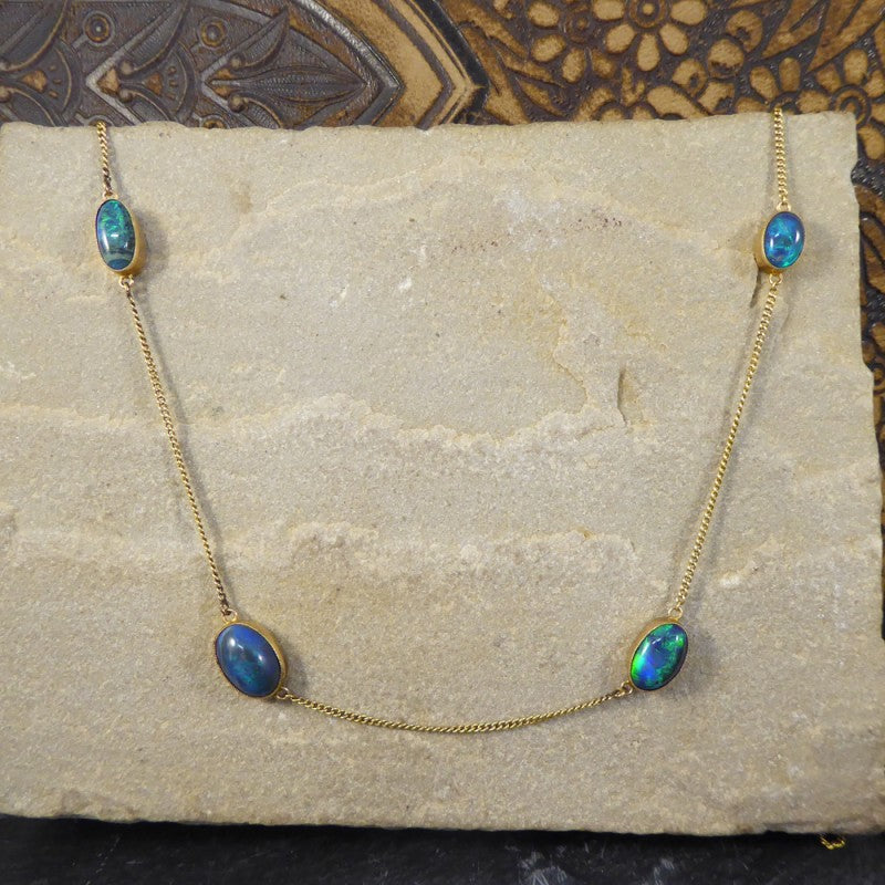 Antique Edwardian Long Gold Black Opal Necklace