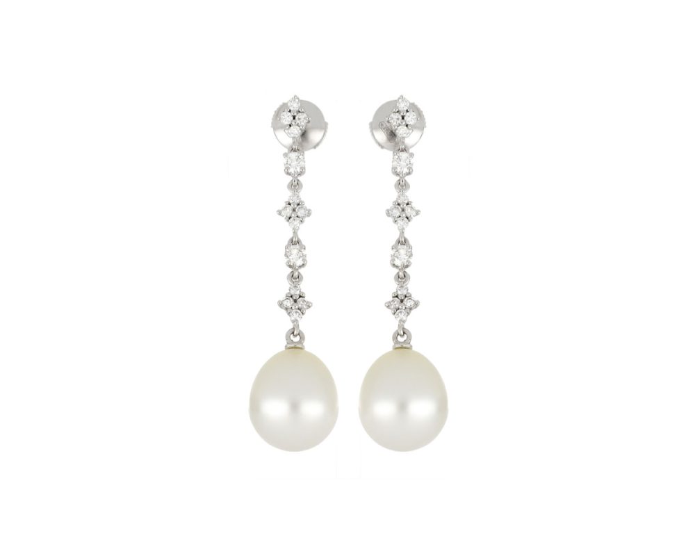 Diamond and Pearl Drop Earrings, 18ct White Gold