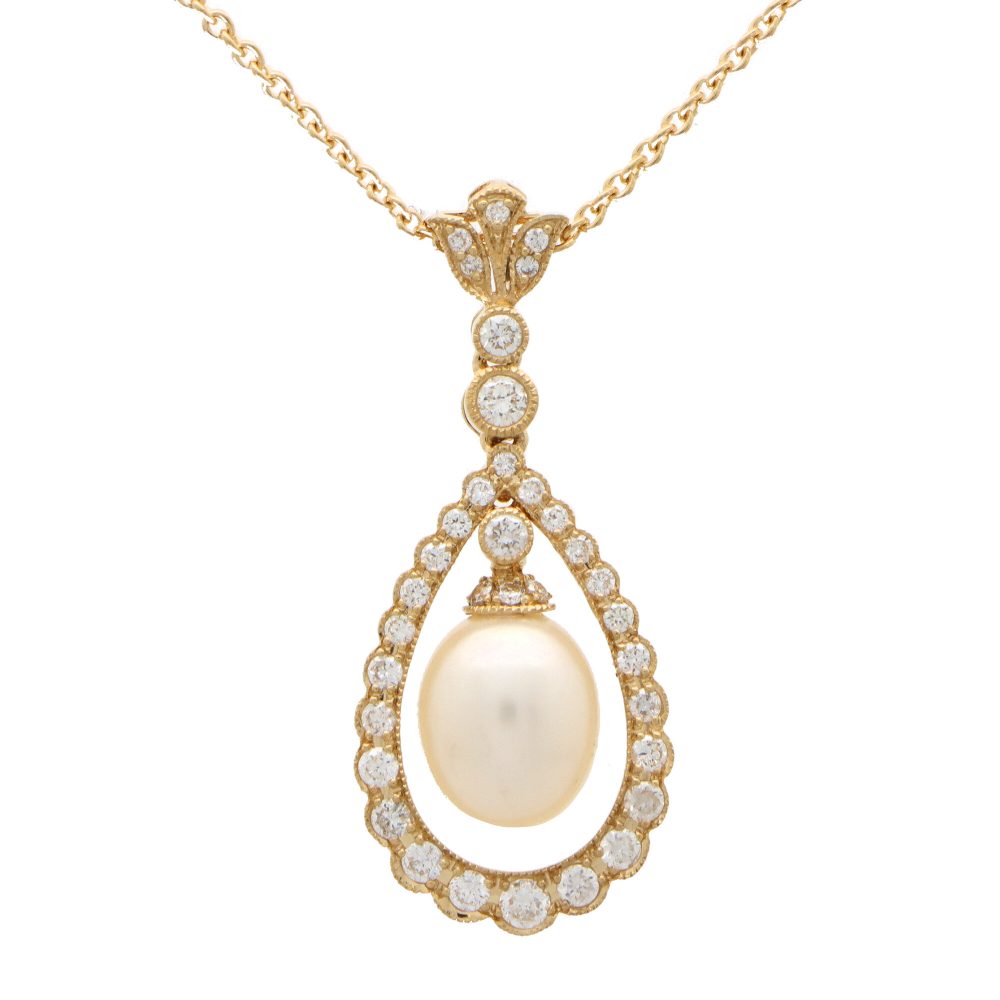 Pear Shape Pearl and Diamond Drop Pendant Necklace