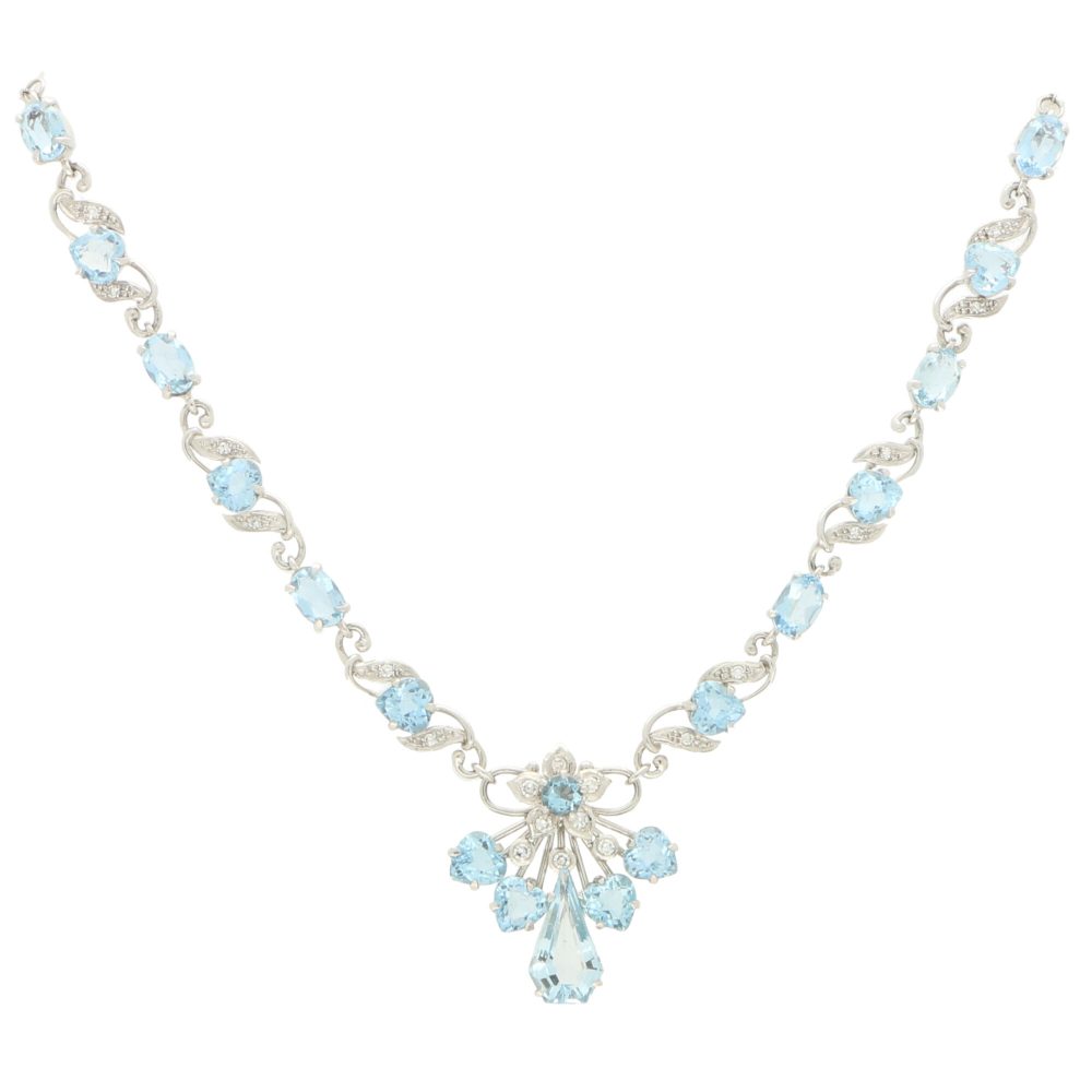 Aquamarine and Diamond Floral Cluster Spray Filigree Necklace