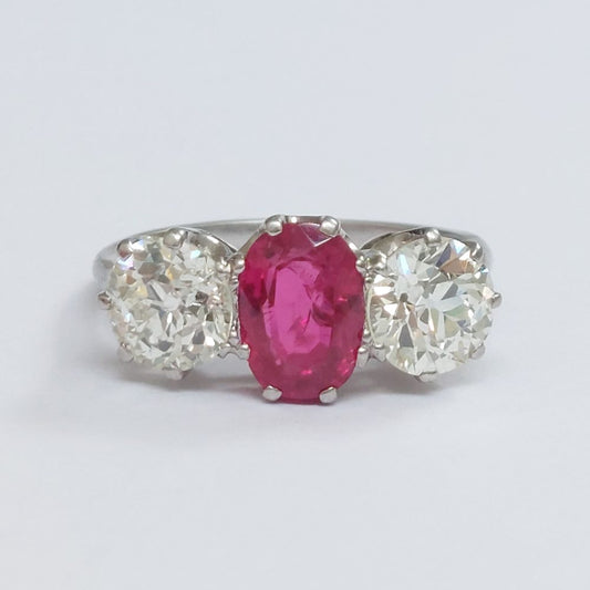 Natural 1.50ct Burmese Ruby and Diamond Three Stone Ring