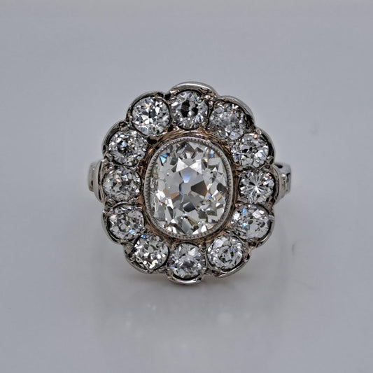 Antique Old Cushion Cut Diamond Cluster Ring, 3.63 carat total