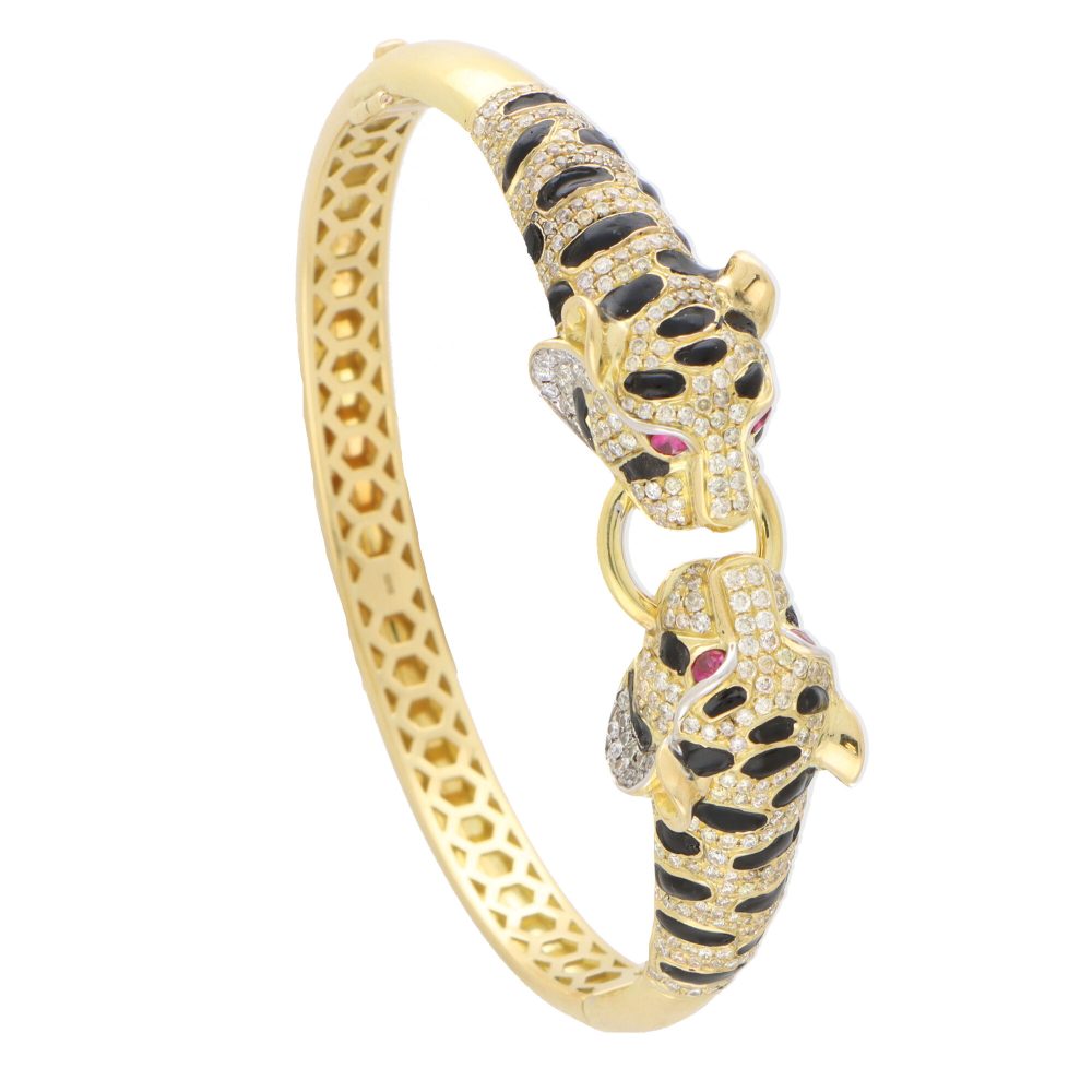Diamond Ruby and Enamel Double Headed Tiger Bangle
