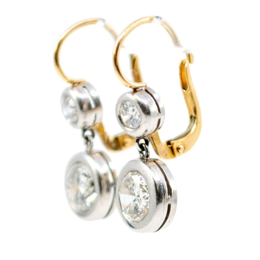 Art Deco Platinum and Gold Old Mine Cut Diamond Drop Earrings, 2.45 Carats