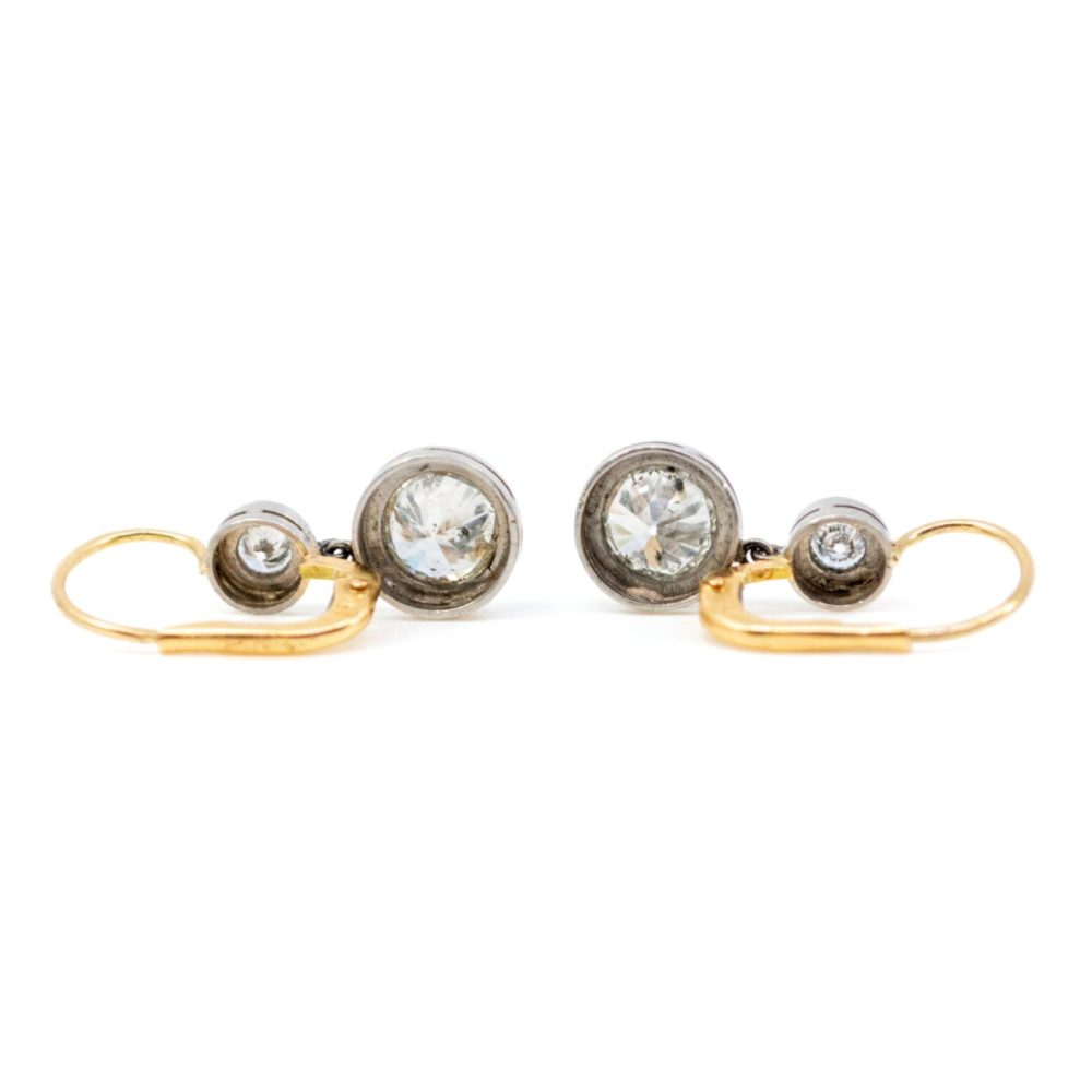 Art Deco Platinum and Gold Old Mine Cut Diamond Drop Earrings, 2.45 Carats