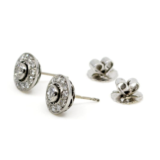 Vintage Platinum Old European Cut Diamond Cluster Stud Earrings, 0.90 Carat