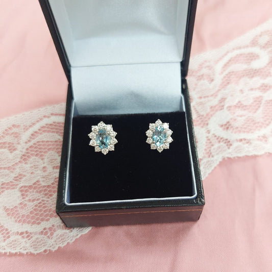Oval Aquamarine and Diamond Cluster Stud Earrings