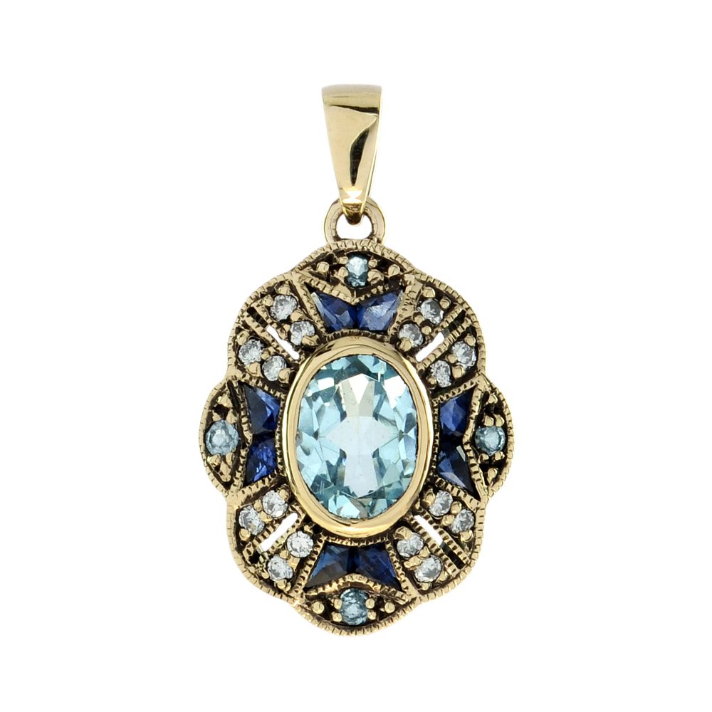 Blue Topaz Sapphire and Diamond Pendant in 9ct Yellow Gold