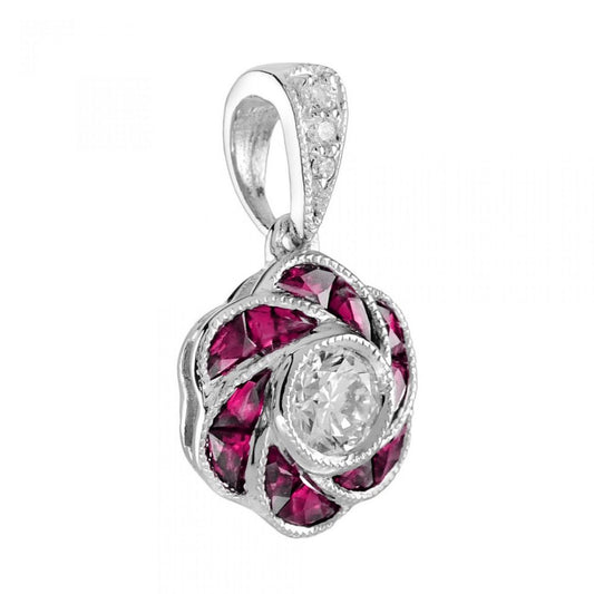 Ruby and Diamond Floral Cluster Pendant; central brilliant-cut diamond surrounded by ruby-set petals and suspended from a graduated diamond-set bale in 18ct white gold. Made to order
