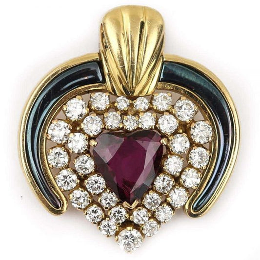 Vintage Ruby, Diamond and Blue Enamel 18ct Yellow Gold Heart Pendant