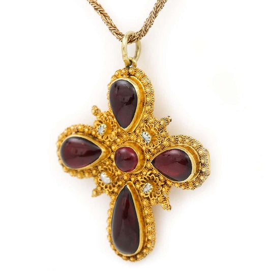 Antique Georgian 18ct Yellow Gold Cabochon Garnet and Pearl Cross Pendant, Circa 1820