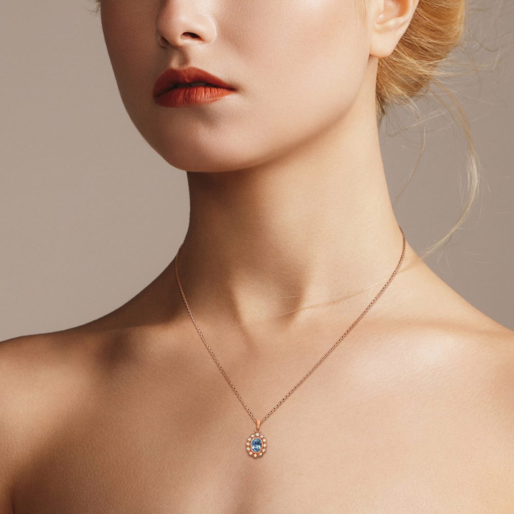 2.70ct Oval Blue Topaz and Pearl Cluster Pendant in 9ct Rose Gold