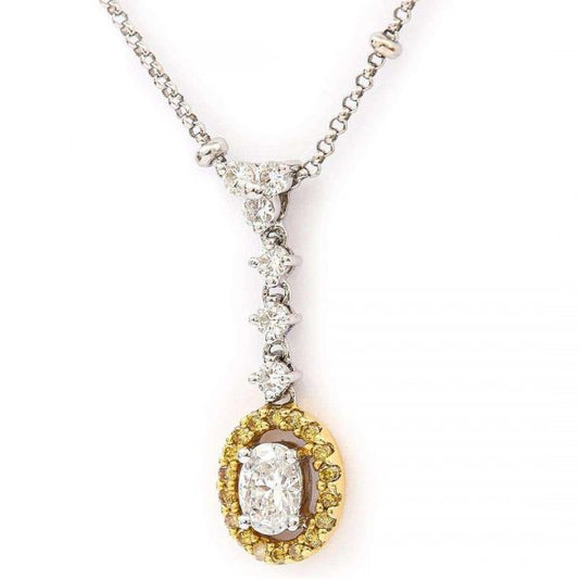 Contemporary 18ct Gold White and Yellow Diamond Halo Pendant Necklace
