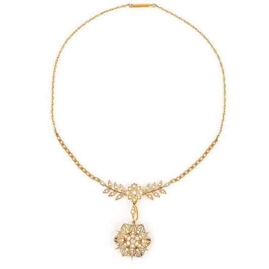 Antique Edwardian 15ct Gold Pearl and Diamond Collarette with Pendant and Star Brooch