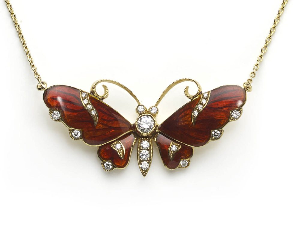 Red Enamel, Diamond and Gold Butterfly Pendant