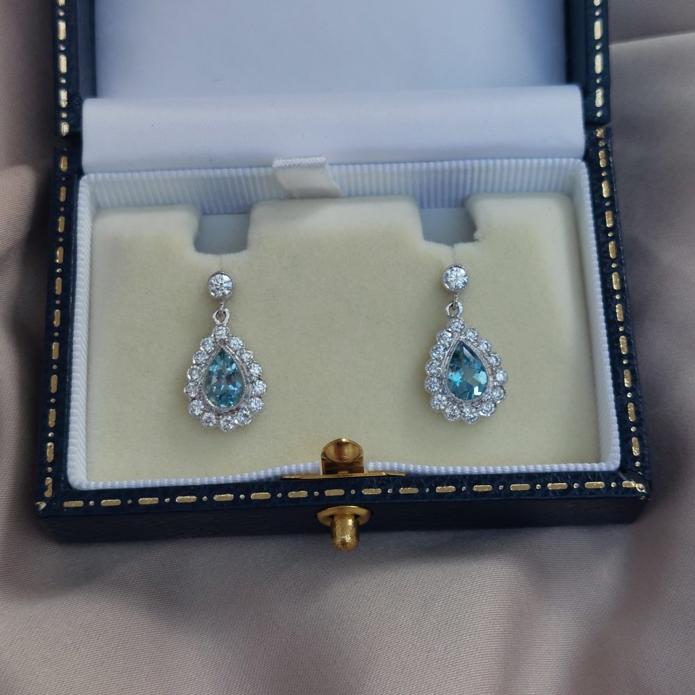 Pear Cut Aquamarine and Diamond Cluster Drop Earrings, 1.18ct