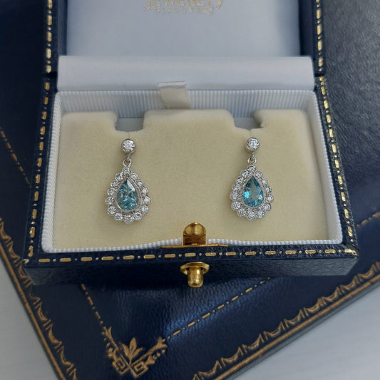 Pear Cut Aquamarine and Diamond Cluster Drop Earrings, 1.18ct