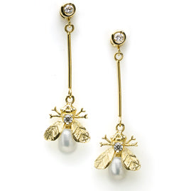 Pearl & Diamond Bee Gold Drop Earrings