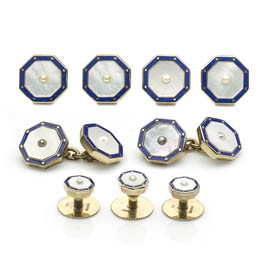 Pearl, Mother of Pearl and Blue Enamel Cufflink and Dress Set