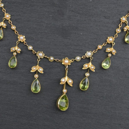 Antique Edwardian Split Pearl and Peridot Necklace in 15ct Gold