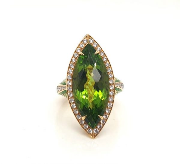 Peridot and Diamond Marquise Enamelled Ring