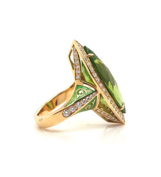 Peridot and Diamond Marquise Enamelled Ring