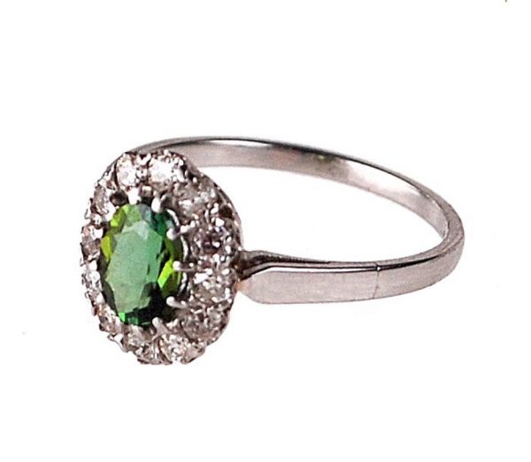 Peridot And Diamond Cluster Platinum Ring