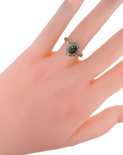 Peridot And Diamond Cluster Platinum Ring