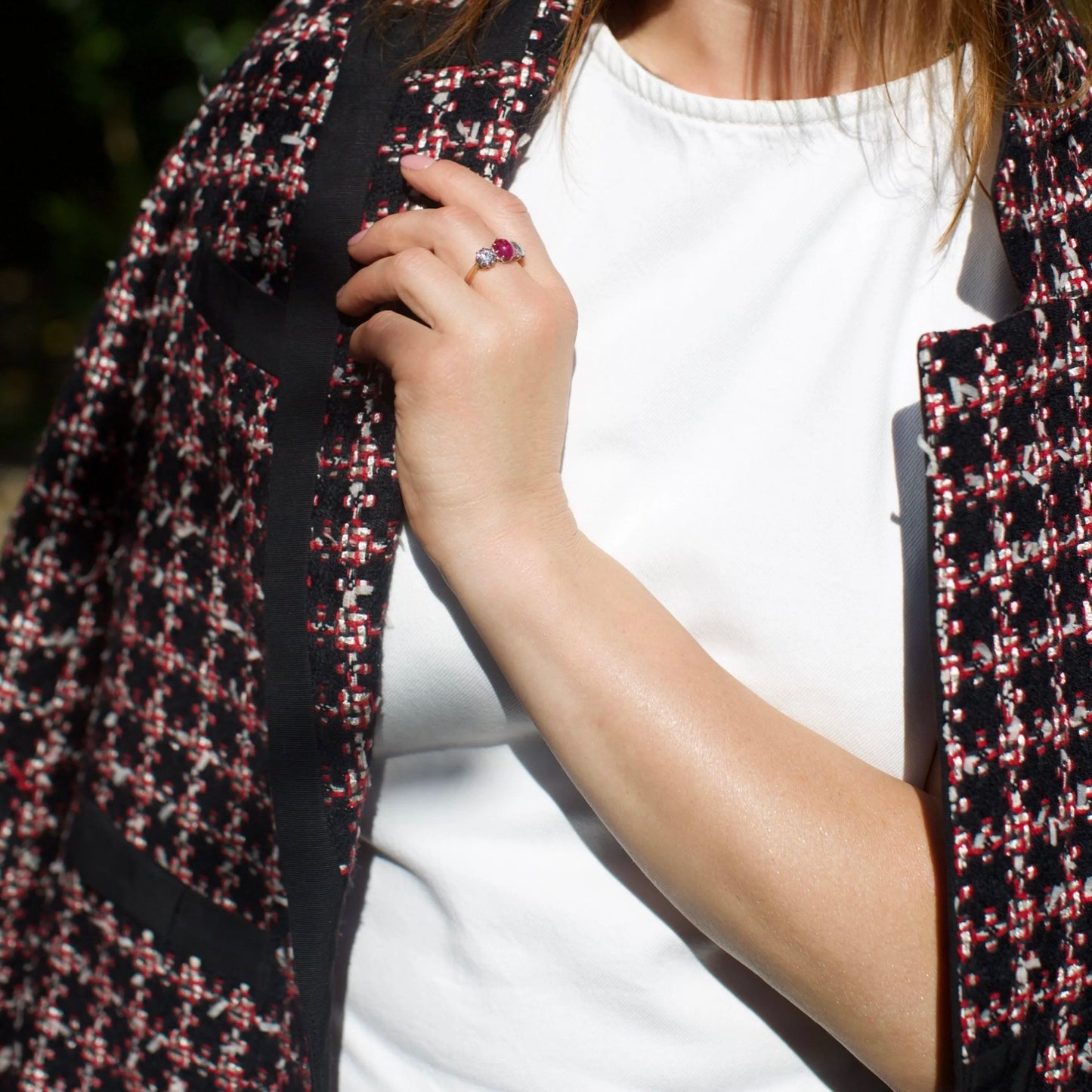 15kt Gold and Platinum Three-Stone Diamond and Natural Ruby Ring
