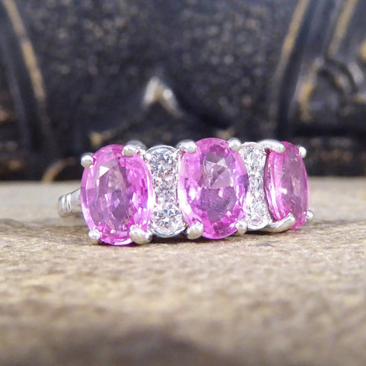 Pink Sapphire Three Stone Ring with Diamond Spacers